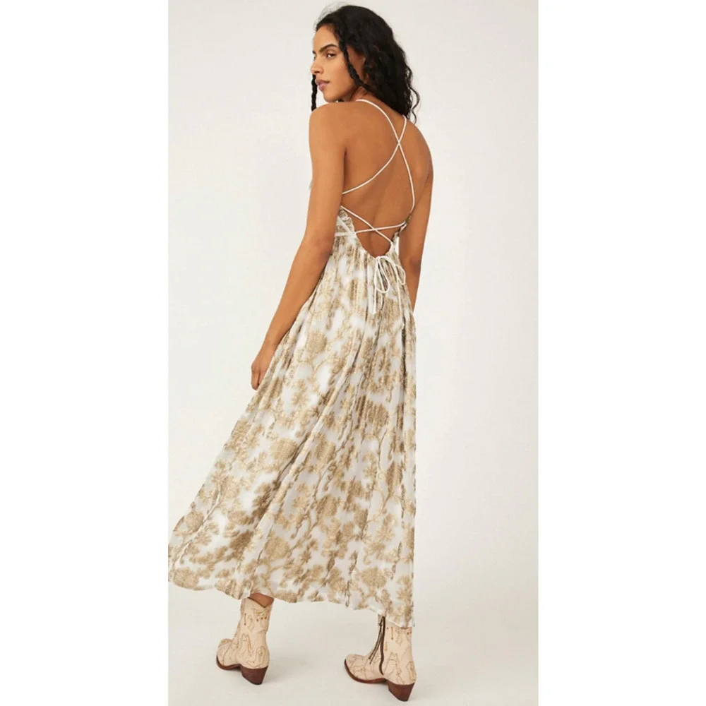 NEW FREE PEOPLE METALLIC GOLD CHARLIE BUSTIER MAXI DRESS SZ S